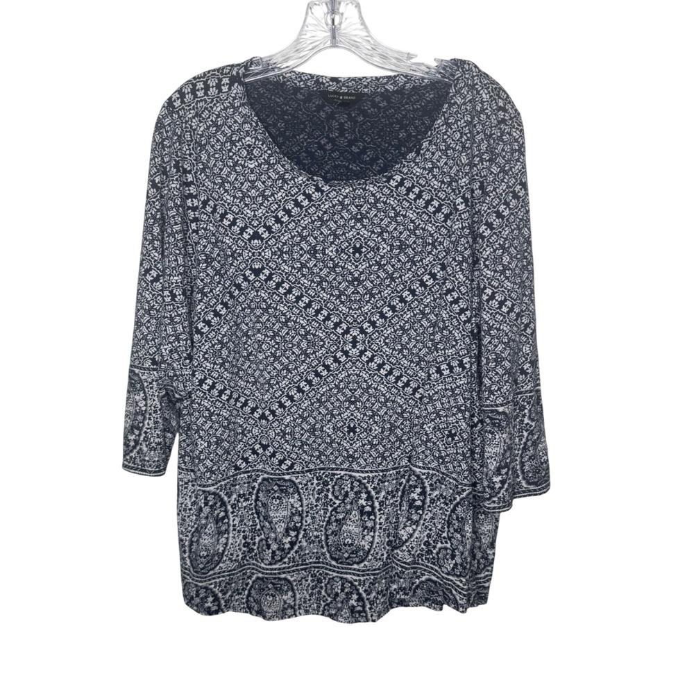 Lucky Brand Womens 3X Navy Blue White Medallion Paisley 3/4 Sleeve Knit Top‎
